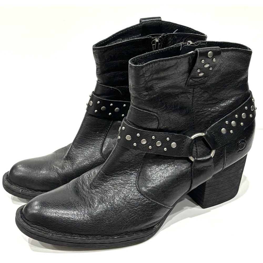 Born Women's 9.5 Black Leather Studded Harness Ankle Boots Block Heel